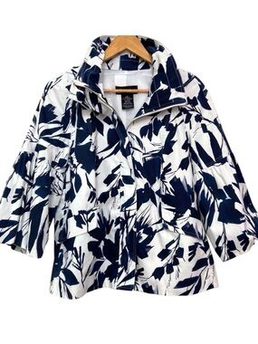 Rachel Adams blazer jacket cotton spandex white blue floral spring summer Medium